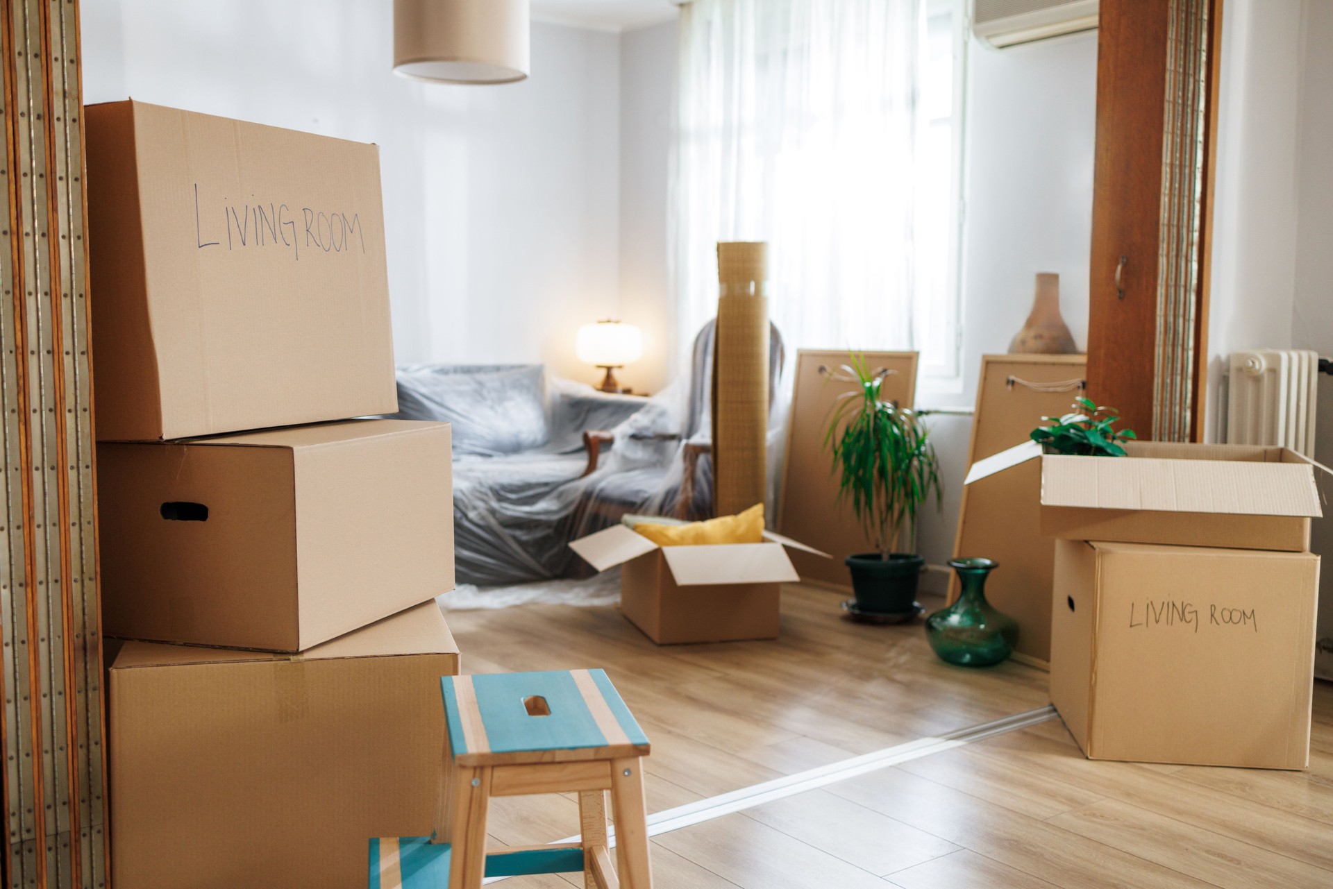 Living room packed in cardboard boxes for home moving